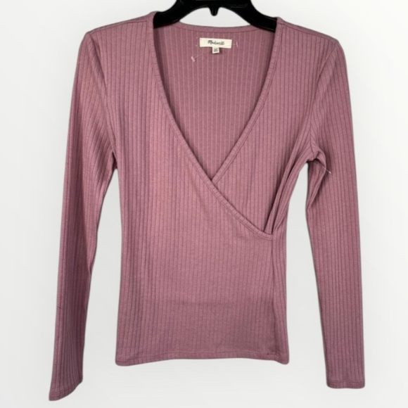 Madewell Pink Mauve Ribbed V-Neck Faux Wrap Long Sleeve Top Size XS - Picture 1 of 10